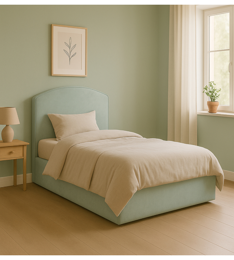LETTO PIAZZA E MEZZA CONTENITORE "MOON" IN TESSUTO CELESTE 120X190 CM