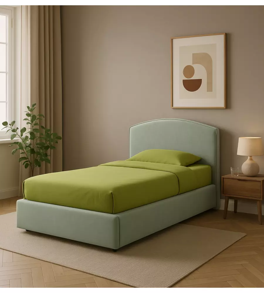Letto singolo con contenitore "Moon"  rivestito in tessuto celeste 90x190 cm