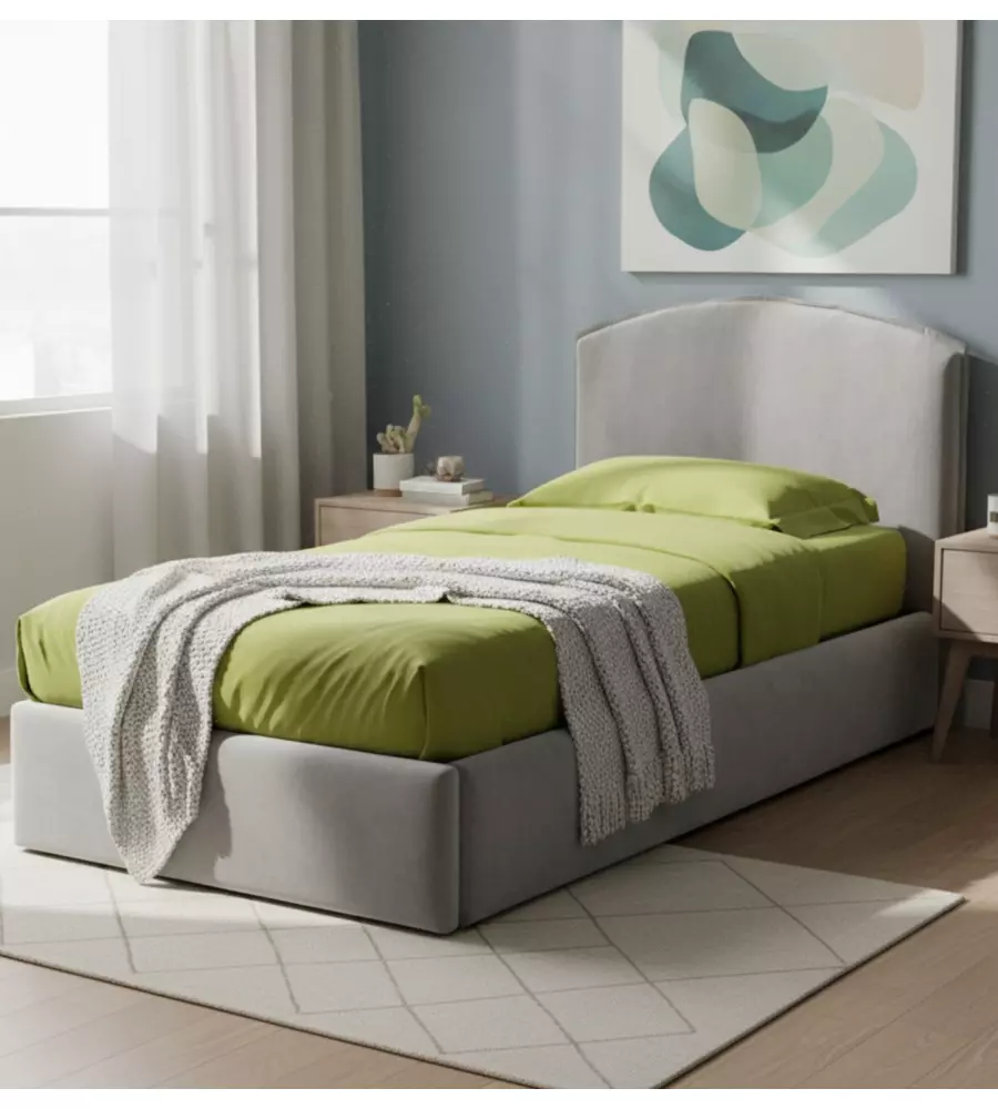 Letto singolo con contenitore "Moon"  rivestito in tessuto perla 90x190 cm