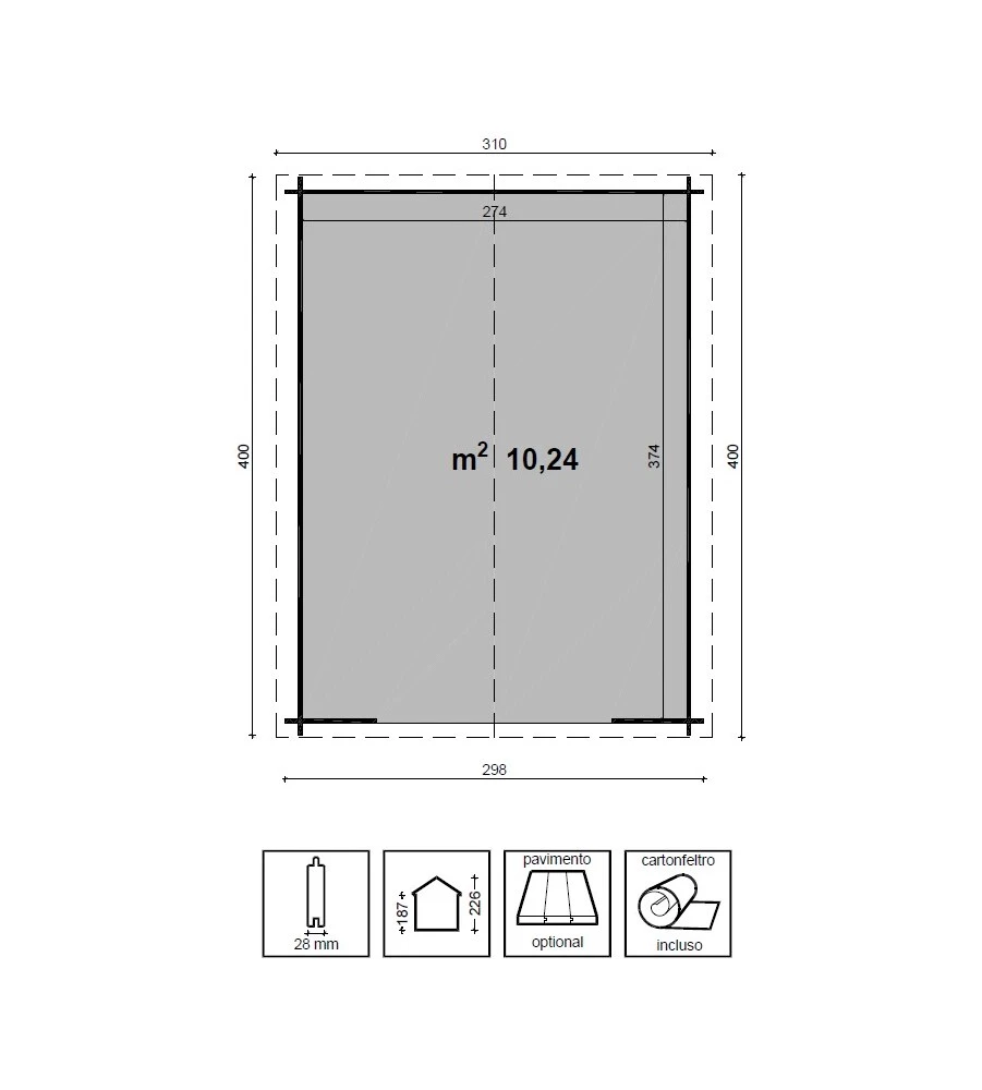CASETTA IN LEGNO DA GIARDINO "DIANA" IN ABETE GREZZO 300X400X226 CM