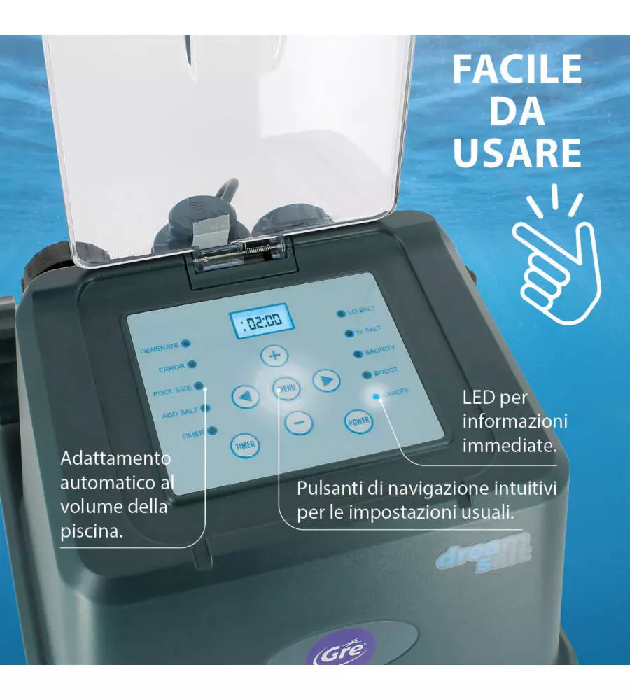 CLORINATORE SALINO PER ELETTROLISI GRE PER PISCINA DA 25 M³ 5 GR/H