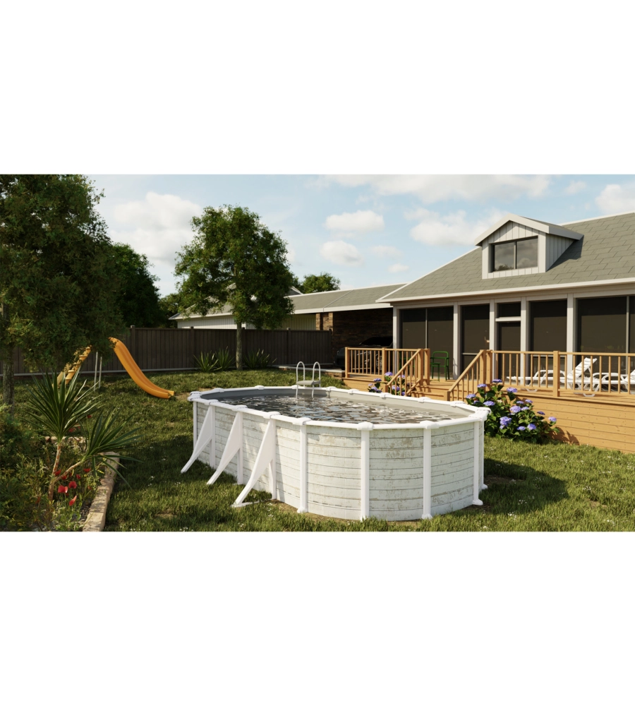 PISCINA FUORI TERRA OVALE GRE "GROENLANDIA" IN ACCIAIO EFFETTO LEGNO NORDICO 730X375X132 - COD. KITPROV738N
