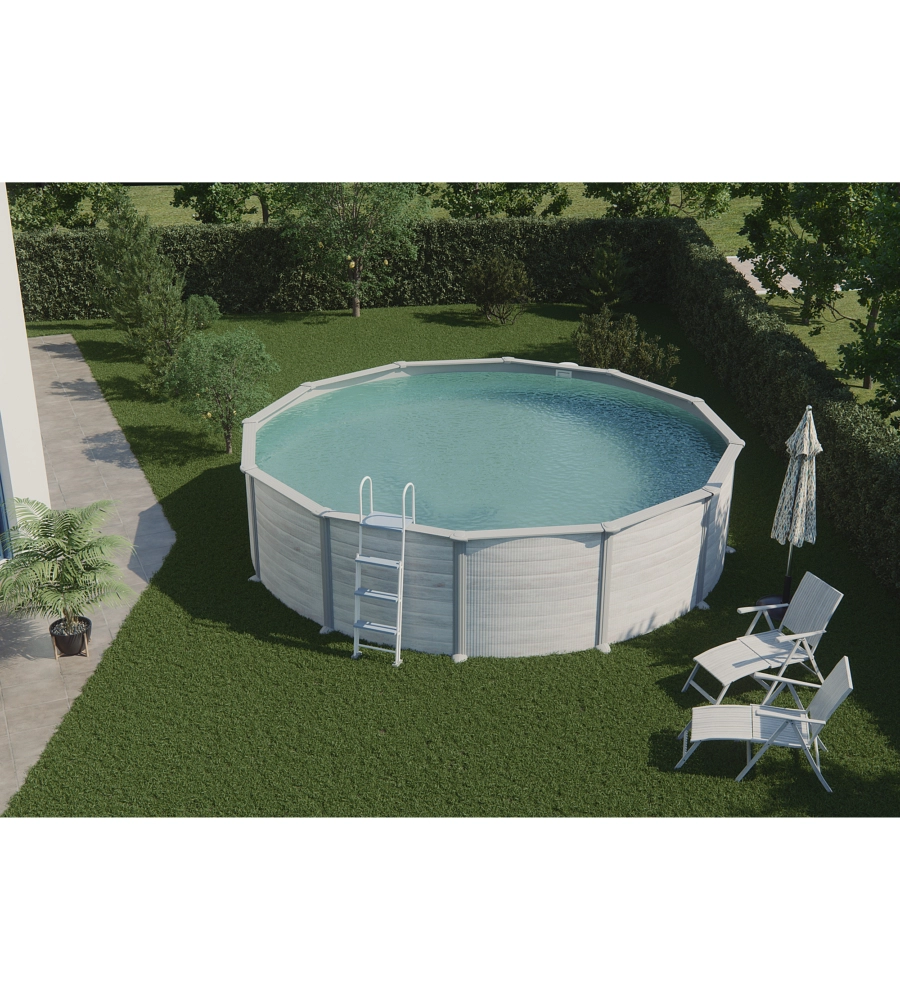 PISCINA FUORI TERRA ROTONDA GRE "GROENLANDIA" IN ACCIAIO EFFETTO LEGNO NORDICO 460x460x132 - COD. KITPR458N