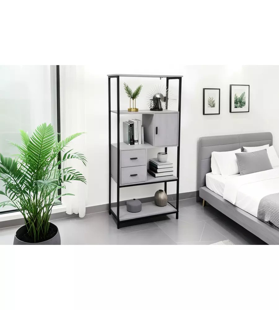 LIBRERIA CON CASSETTI BELLAHOME "INDUSTRIAL" GRIGIO 80X30X160 CM