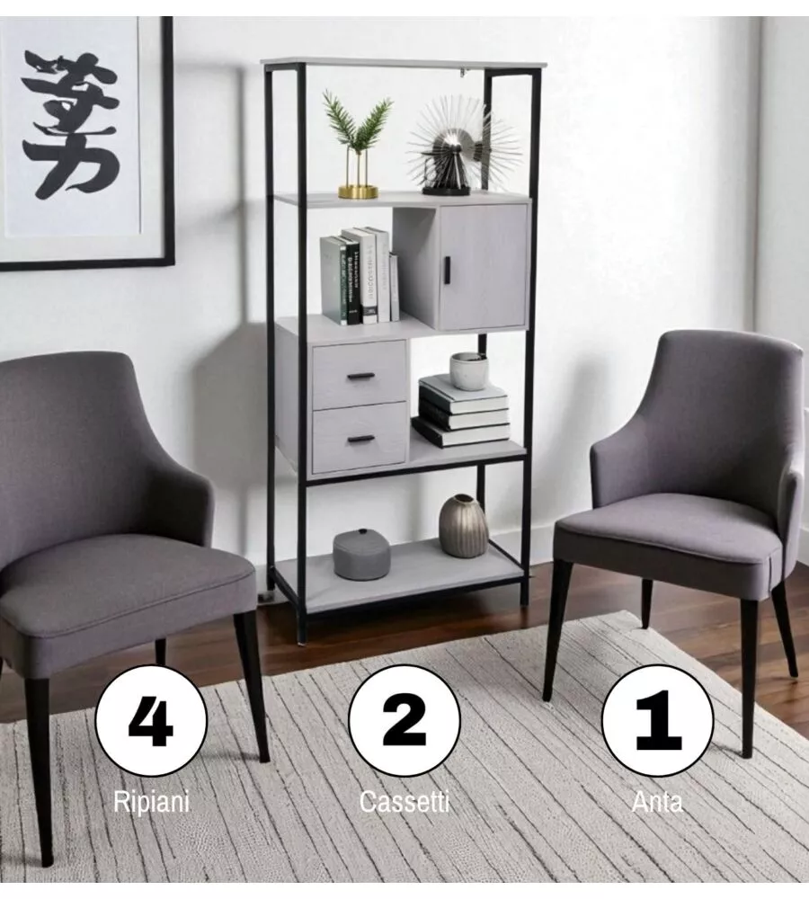 LIBRERIA CON CASSETTI BELLAHOME "INDUSTRIAL" GRIGIO 80X30X160 CM