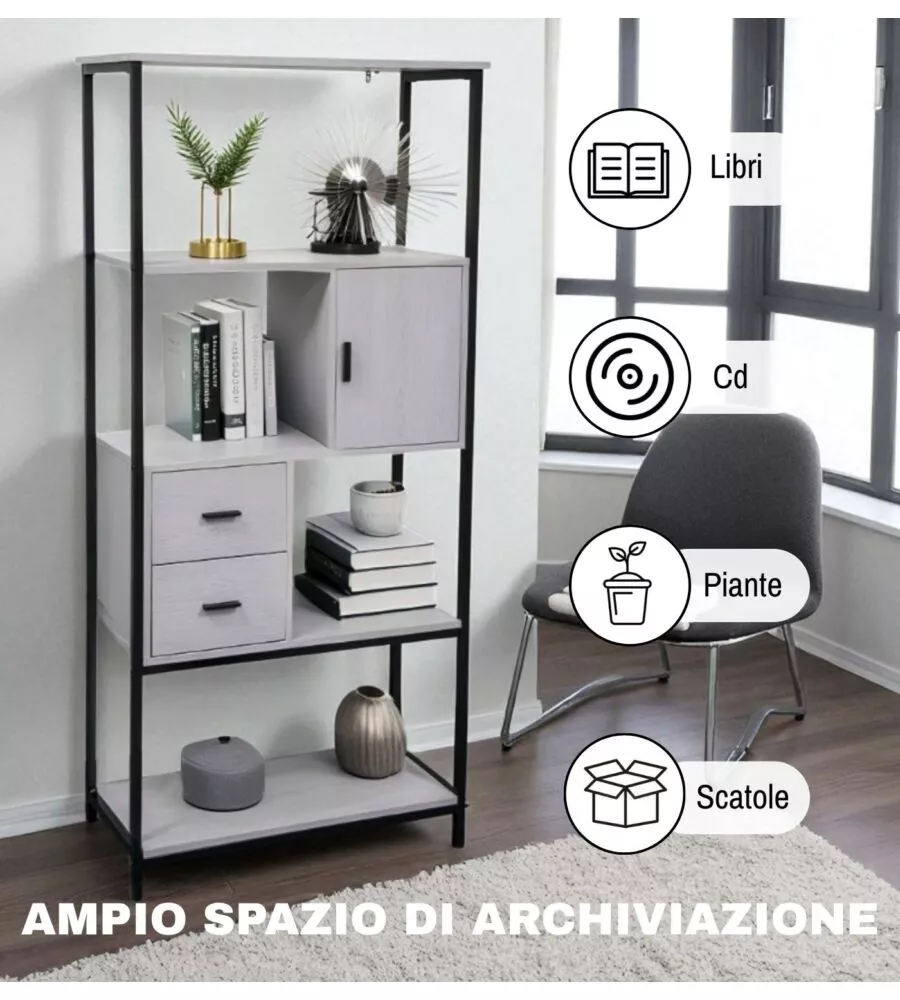 LIBRERIA CON CASSETTI BELLAHOME "INDUSTRIAL" GRIGIO 80X30X160 CM