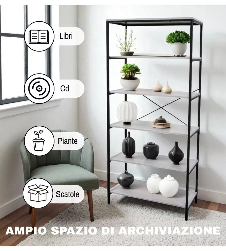 LIBRERIA 5 RIPIANI BELLAHOME "INDUSTRIAL" GRIGIO 80X30X180 CM