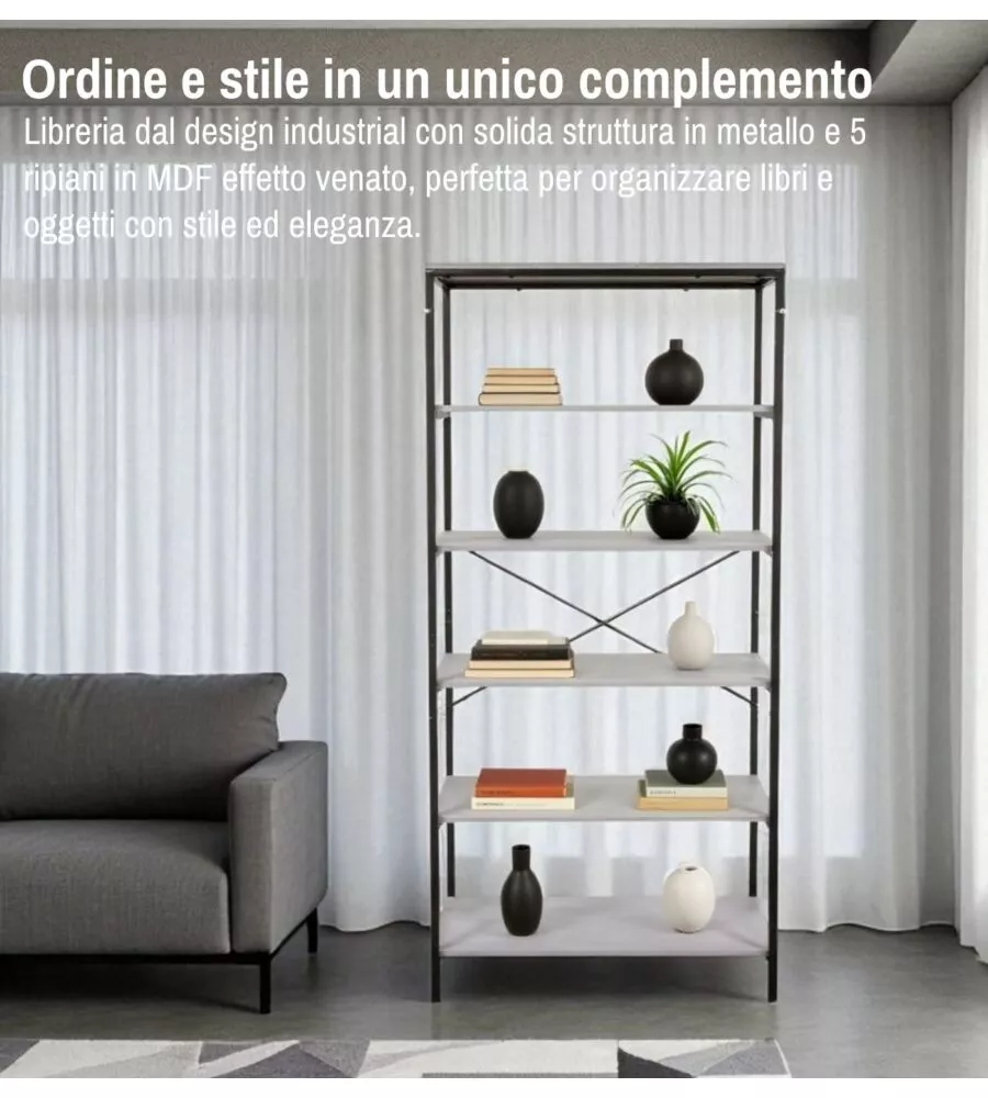 LIBRERIA 5 RIPIANI BELLAHOME "INDUSTRIAL" GRIGIO 80X30X180 CM