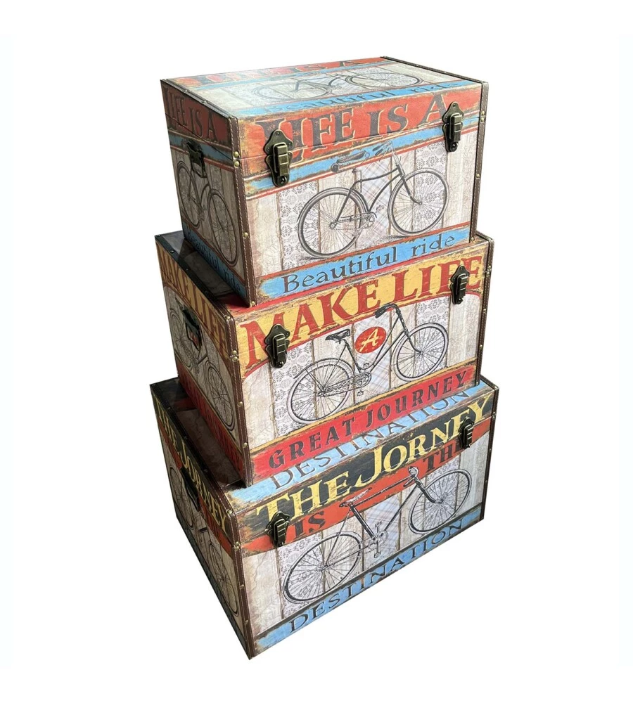 BAULE IN LEGNO VINTAGE BELLAHOME RIVESTITO IN ECOPELLE FANTASIA ROUTE 66 PICCOLO 51X29,5X32,5 CM