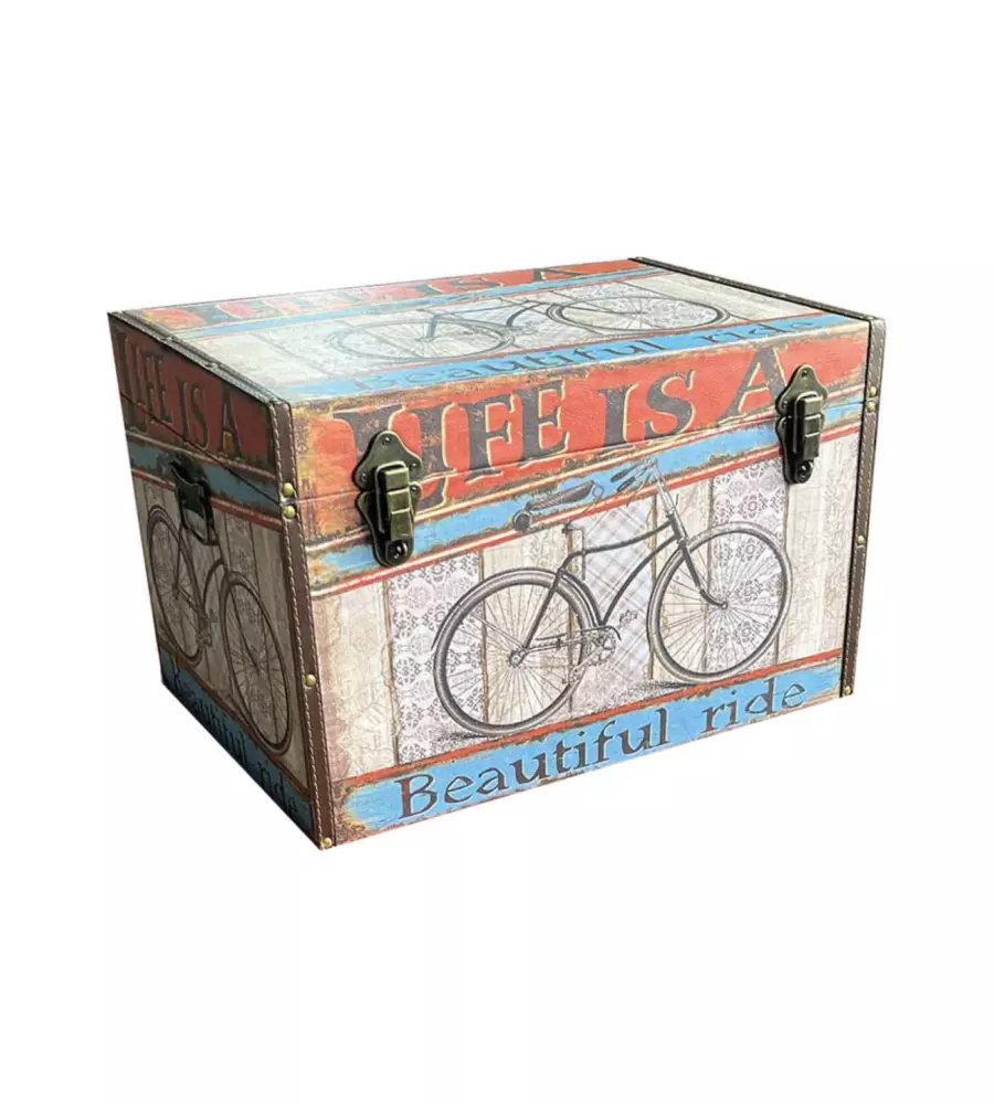 BAULE IN LEGNO VINTAGE BELLAHOME RIVESTITO IN ECOPELLE FANTASIA ROUTE 66 PICCOLO 51X29,5X32,5 CM