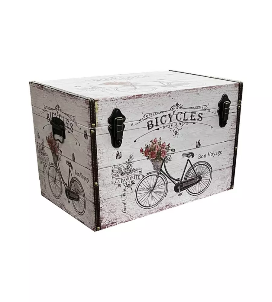 BAULE IN LEGNO VINTAGE BELLAHOME RIVESTITO IN ECOPELLE FANTASIA BICYCLES PICCOLO 51X29,5X32,5 CM