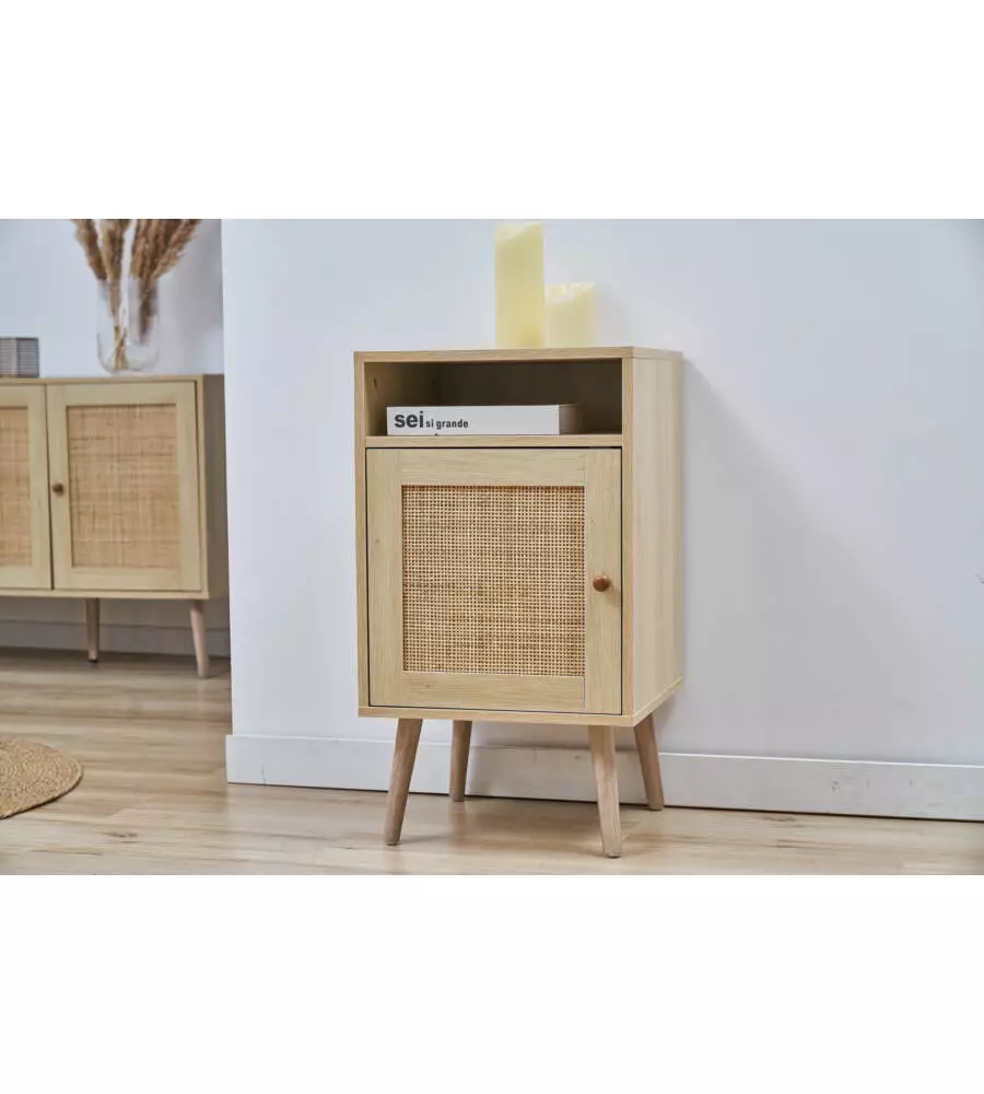 MOBILETTO MULTIFUNZIONALE BELLAHOME CON PORTA BATTENTE IN RATTAN, 40X39X71 CM