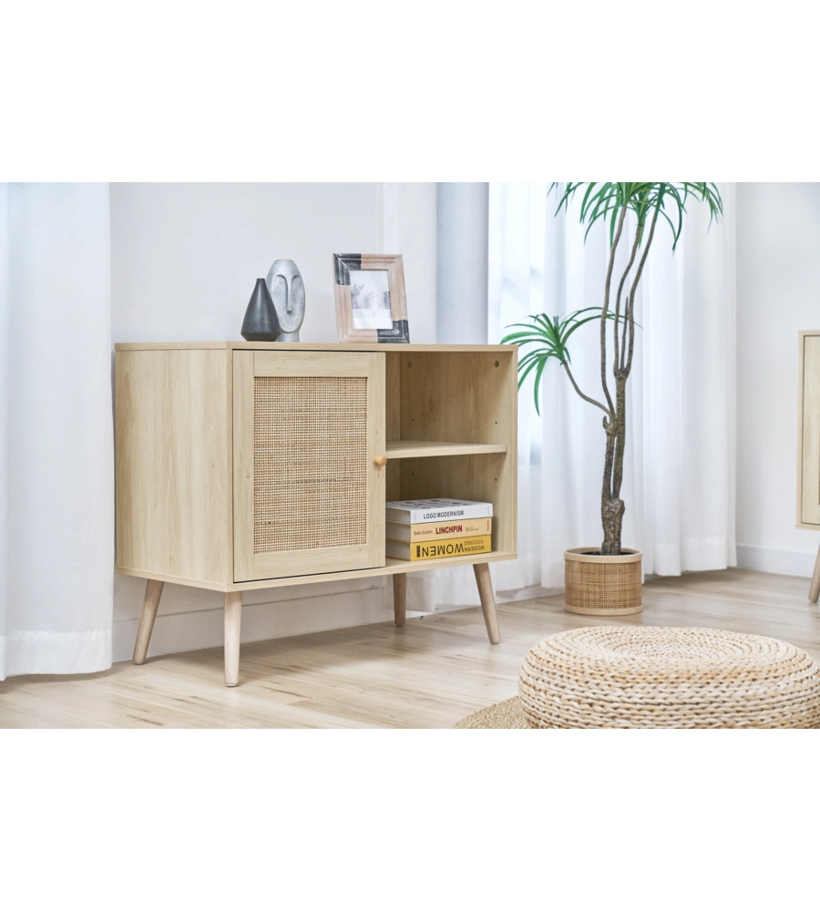 MADIA MULTIFUNZIONALE BELLA HOME CON PORTA BATTENTE IN RATTAN E 2 RIPIANI 80X39X67 CM
