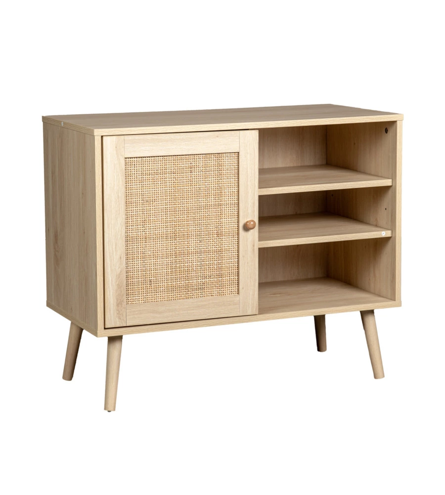 MADIA MULTIFUNZIONALE BELLA HOME CON PORTA BATTENTE IN RATTAN E 2 RIPIANI 80X39X67 CM