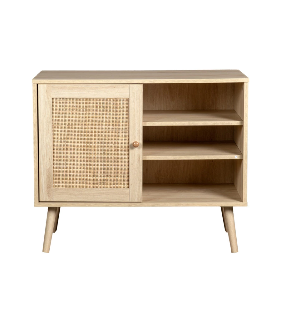 MADIA MULTIFUNZIONALE BELLA HOME CON PORTA BATTENTE IN RATTAN E 2 RIPIANI 80X39X67 CM
