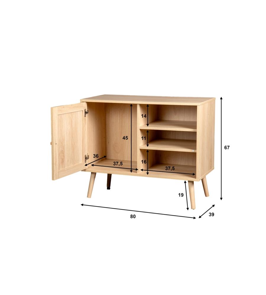 MADIA MULTIFUNZIONALE BELLA HOME CON PORTA BATTENTE IN RATTAN E 2 RIPIANI 80X39X67 CM