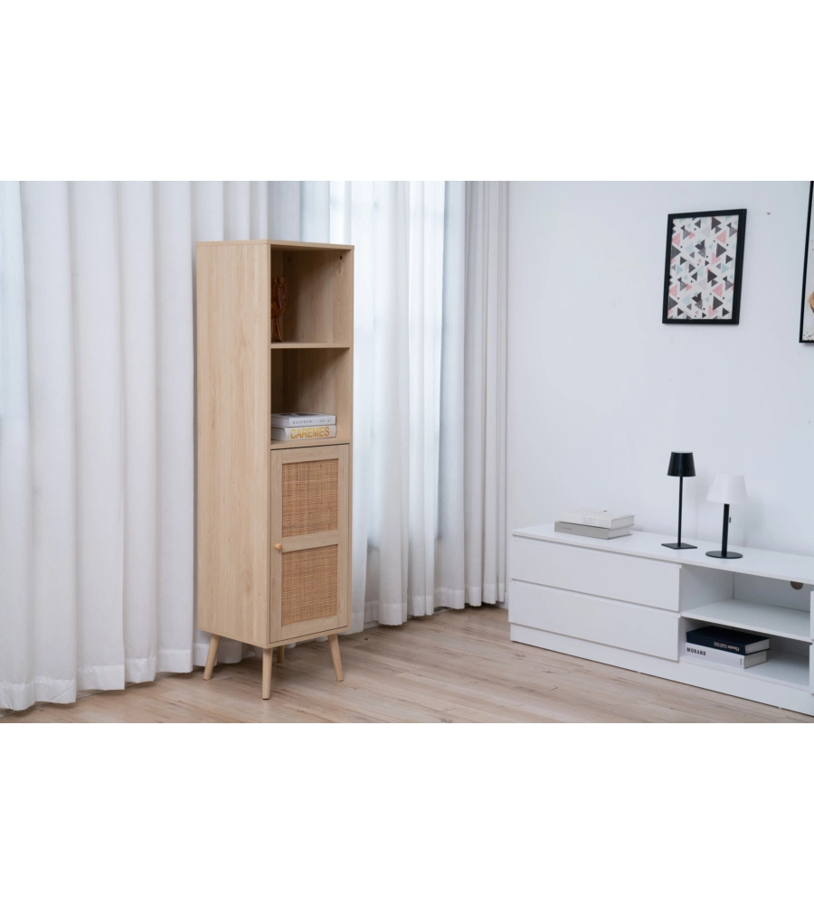 LIBRERIA MULTIFUNZIONE BELLA HOME CON PORTA BATTENTE IN RATTAN E 4 RIPIANI 40X40X158,5 CM