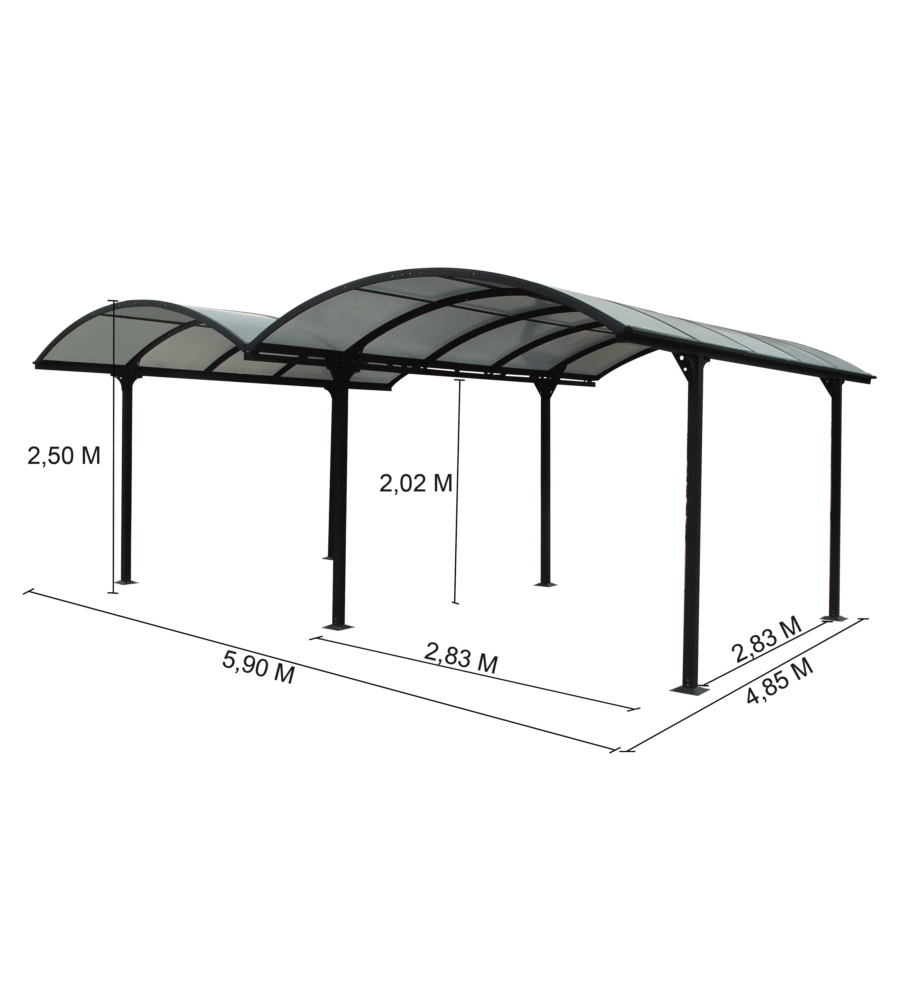 CARPORT AUTO IN ALLUMINIO E POLICARBONATO HABRITA "CAR 6048 ALRP T" 2 POSTI 4,85X5,90X2,50 MT
