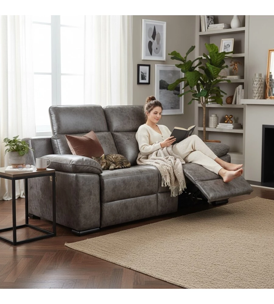 DIVANO 2 POSTI BELLAHOME "GIULIA" CON SISTEMA RELAX, IN ECOPELLE EFFETTO INVECCHIATO GRIGIO 170X106X85 CM