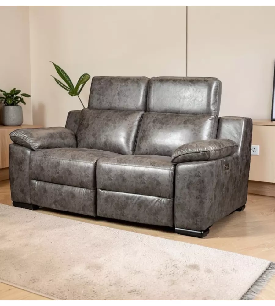 DIVANO 2 POSTI BELLAHOME "GIULIA" CON SISTEMA RELAX, IN ECOPELLE EFFETTO INVECCHIATO GRIGIO 170X106X85 CM