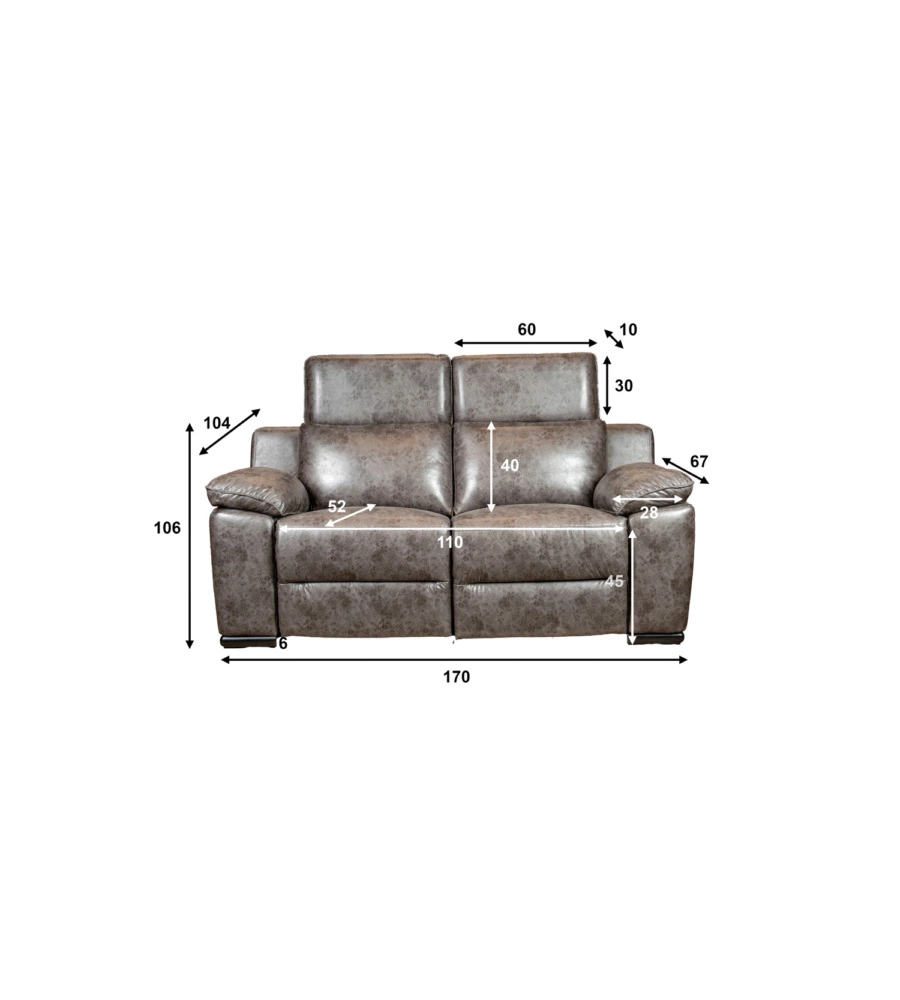 DIVANO 2 POSTI BELLAHOME "GIULIA" CON SISTEMA RELAX, IN ECOPELLE EFFETTO INVECCHIATO GRIGIO 170X106X85 CM
