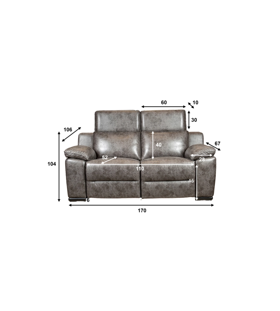 DIVANO 2 POSTI BELLAHOME "GIULIA" CON SISTEMA RELAX, IN ECOPELLE EFFETTO INVECCHIATO GRIGIO 170X106X85 CM