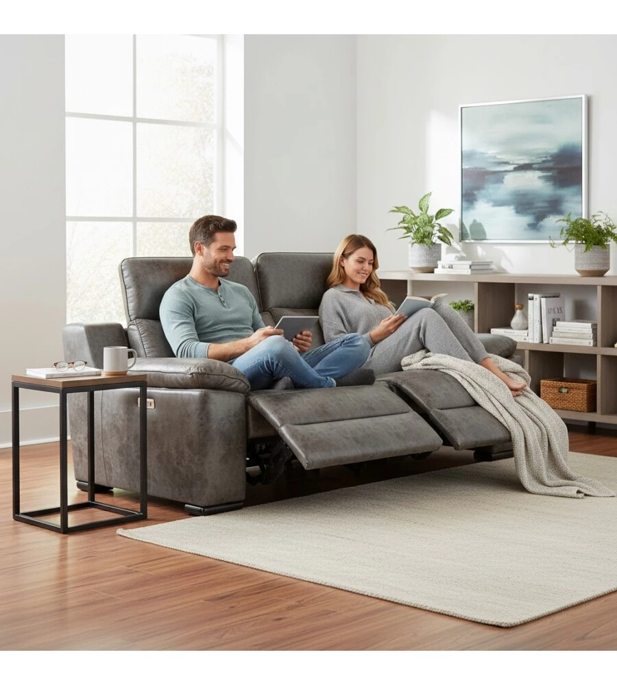 DIVANO 3 POSTI BELLAHOME "GIULIA" CON SISTEMA RELAX, IN ECOPELLE EFFETTO INVECCHIATO GRIGIO 210X106X85 CM