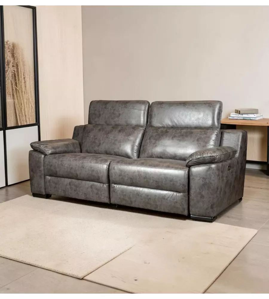 DIVANO 3 POSTI BELLAHOME "GIULIA" CON SISTEMA RELAX, IN ECOPELLE EFFETTO INVECCHIATO GRIGIO 210X106X85 CM