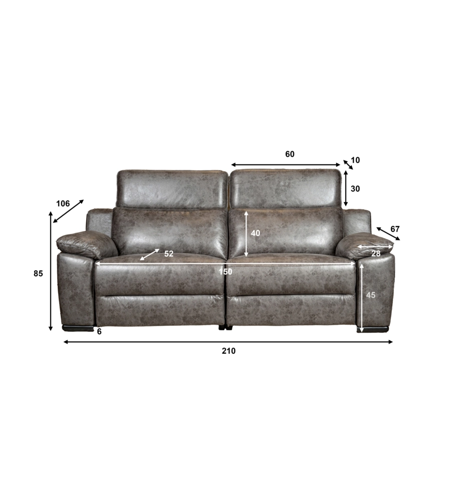 DIVANO 3 POSTI BELLAHOME "GIULIA" CON SISTEMA RELAX, IN ECOPELLE EFFETTO INVECCHIATO GRIGIO 210X106X85 CM