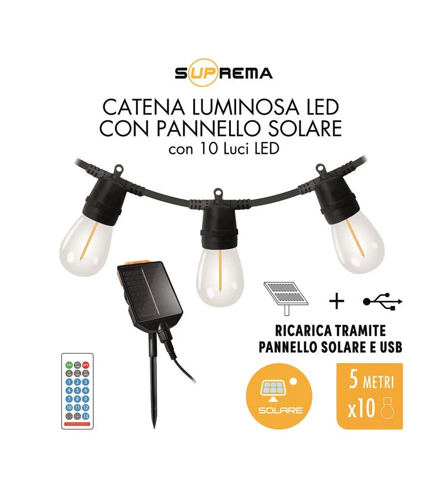 CATENA LUMINOSA SOLARE CON 10 LUCI, 5 M