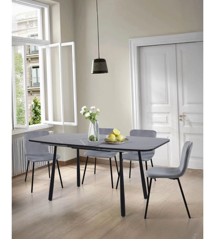 SET PRANZO BELLAHOME "CABRERA" TAVOLO ESTENSIBILE NERO EFFETTO MARMO E 4 SEDIE VELLUTO GRIGIO