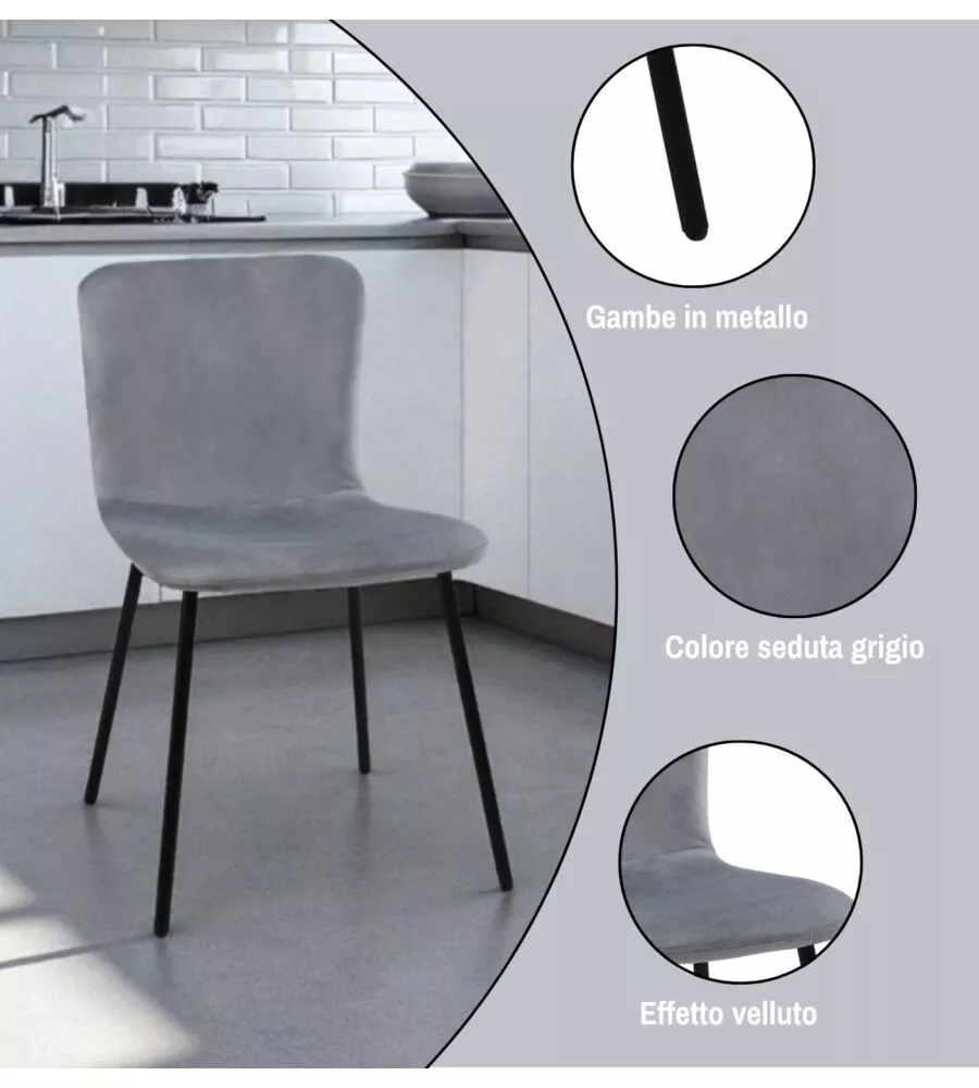 SET PRANZO BELLAHOME "CABRERA" TAVOLO ESTENSIBILE NERO EFFETTO MARMO E 4 SEDIE VELLUTO GRIGIO