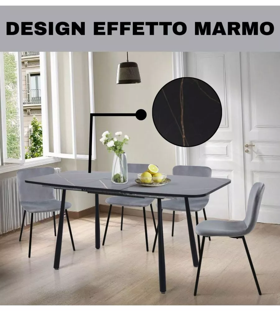 SET PRANZO BELLAHOME "CABRERA" TAVOLO ESTENSIBILE NERO EFFETTO MARMO E 4 SEDIE VELLUTO GRIGIO
