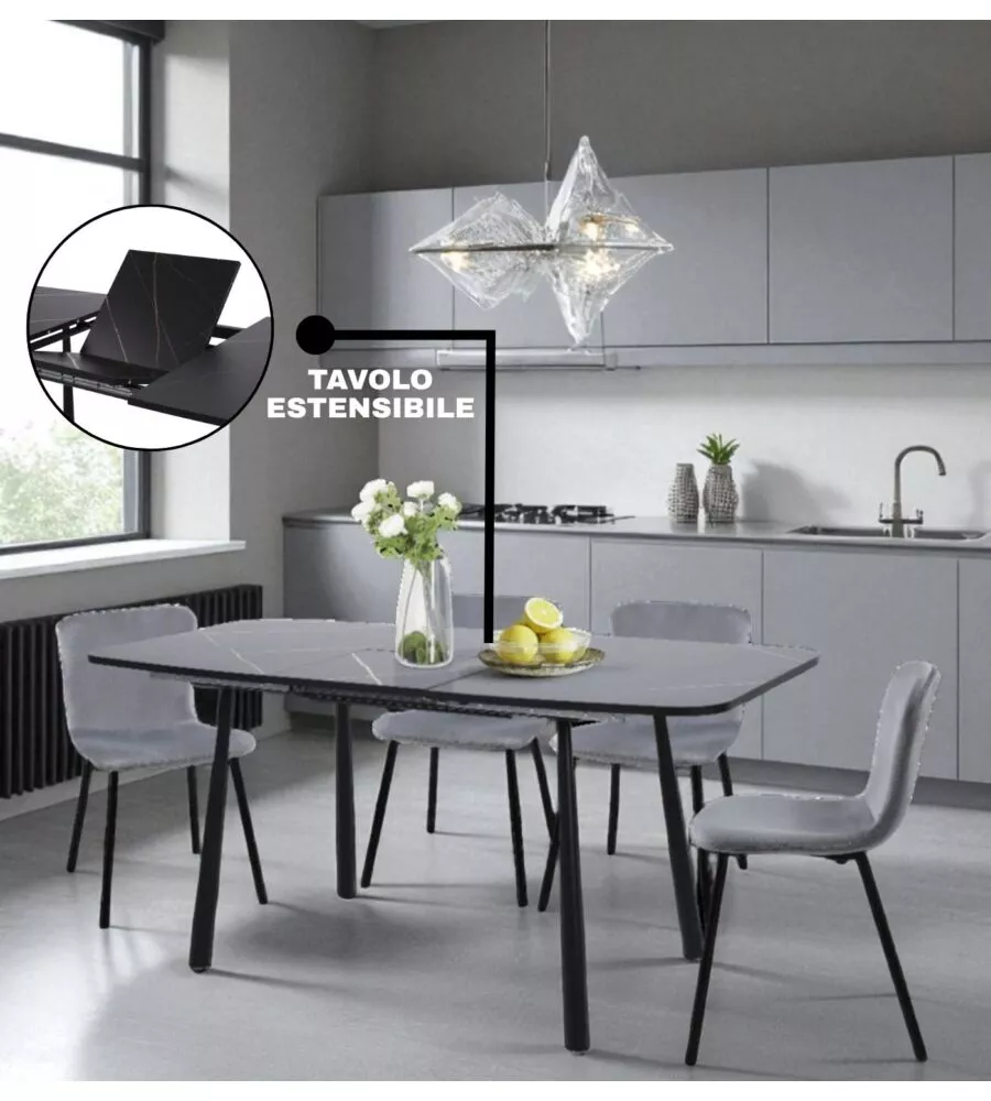 SET PRANZO BELLAHOME "CABRERA" TAVOLO ESTENSIBILE NERO EFFETTO MARMO E 4 SEDIE VELLUTO GRIGIO