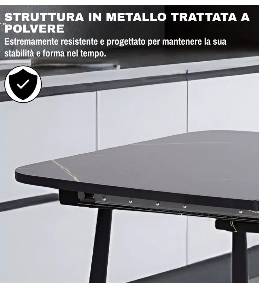 SET PRANZO BELLAHOME "CABRERA" TAVOLO ESTENSIBILE NERO EFFETTO MARMO E 4 SEDIE VELLUTO GRIGIO