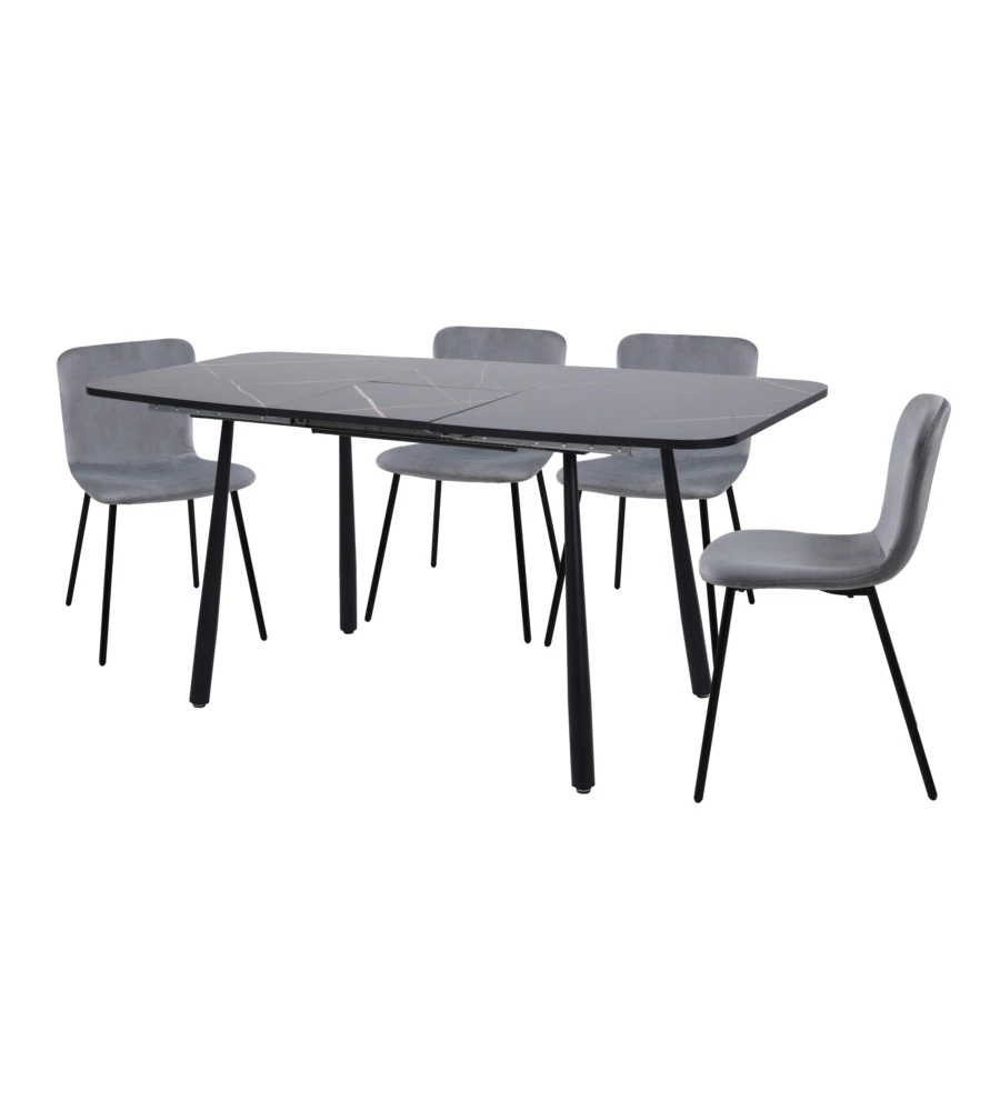 SET PRANZO BELLAHOME "CABRERA" TAVOLO ESTENSIBILE NERO EFFETTO MARMO E 4 SEDIE VELLUTO GRIGIO