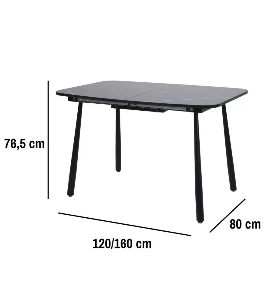 SET PRANZO BELLAHOME "CABRERA" TAVOLO ESTENSIBILE NERO EFFETTO MARMO E 4 SEDIE VELLUTO GRIGIO