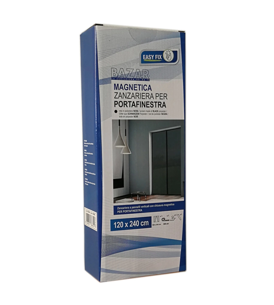 ZANZARIERA MAGNETICA PER PORTAFINESTRA "EASY FIX" NERA CON CHIUSURA CENTRALE AUTOMATICA 120X240 CM