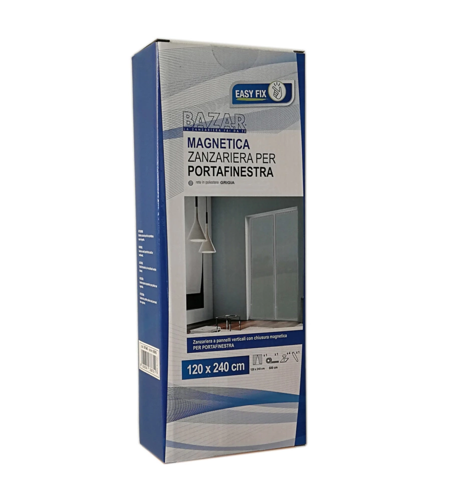 ZANZARIERA MAGNETICA PER PORTAFINESTRA "EASY FIX" GRIGIA CON CHIUSURA CENTRALE AUTOMATICA 120X240 CM