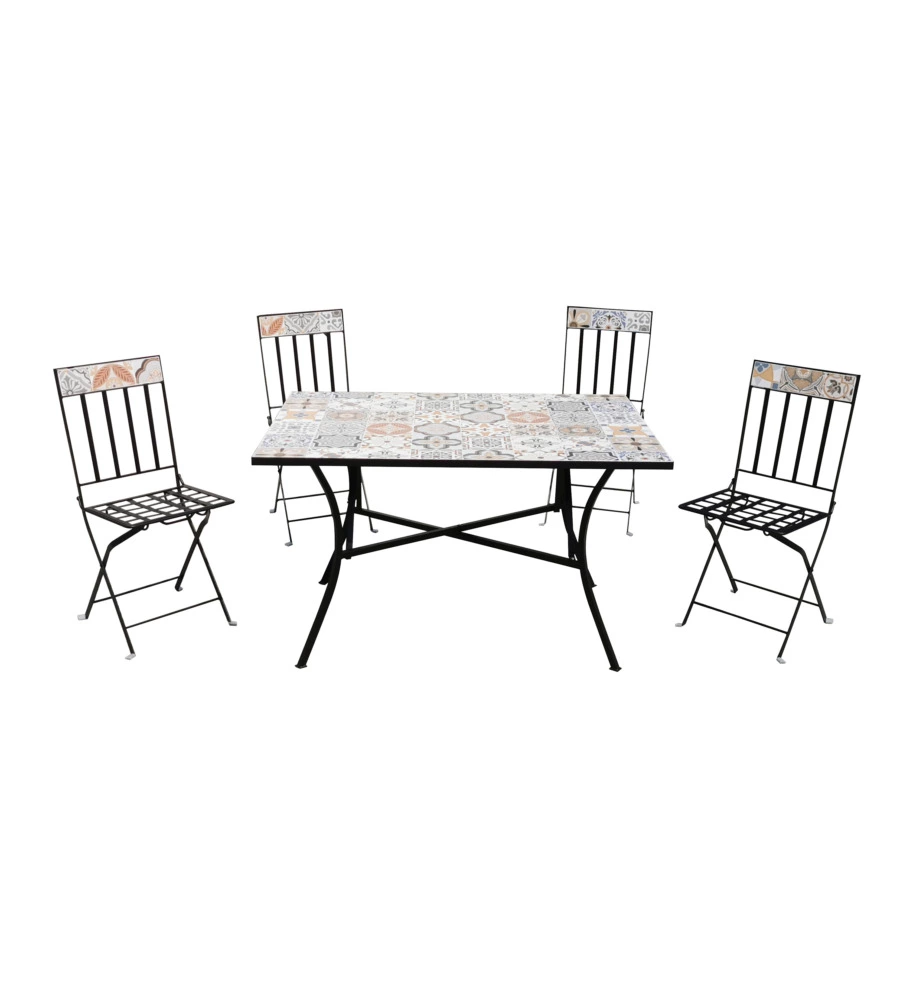 SET DA GIARDINO RETTANGOLARE ESSENZA "SICILY" IN ACCIAIO EFFETTO MAIOLICA 4 SEDIE 1 TAVOLO