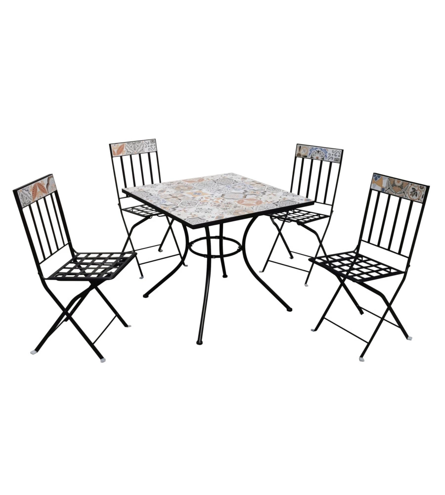 SET DA GIARDINO QUADRATO ESSENZA "SICILY" IN ACCIAIO EFFETTO MAIOLICA 4 SEDIE 1 TAVOLO