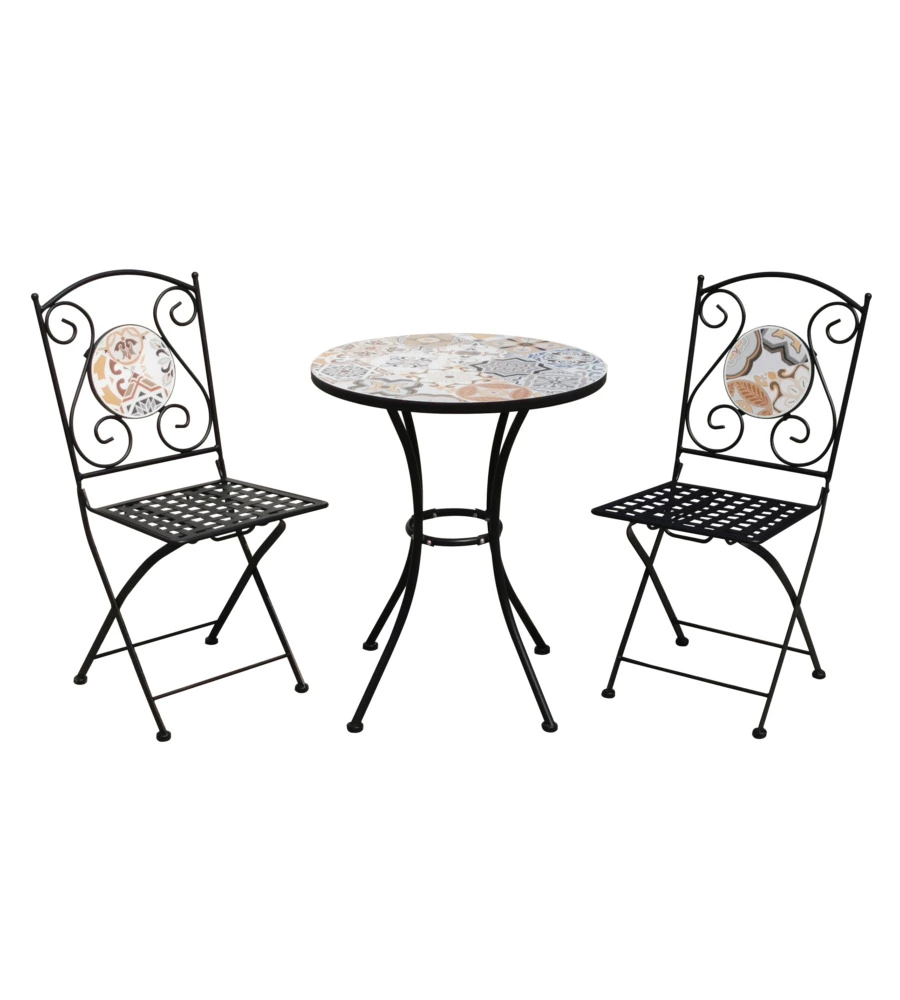 SET DA GIARDINO ROTONDO ESSENZA "SICILY" IN ACCIAIO EFFETTO MAIOLICA 2 SEDIE 1 TAVOLO