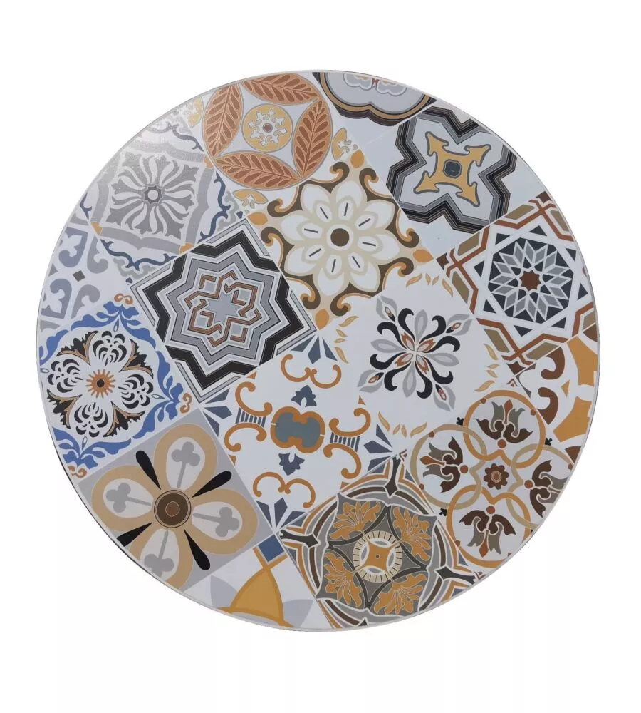 SET DA GIARDINO ROTONDO ESSENZA "SICILY" IN ACCIAIO EFFETTO MAIOLICA 2 SEDIE 1 TAVOLO