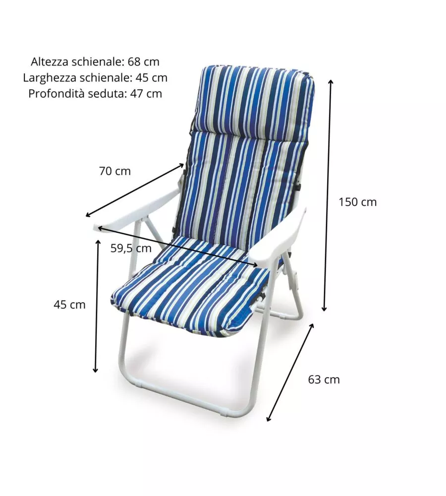 POLTRONA DA ESTERNO PIEGHEVOLE, MULTIPOSIZIONE E IMBOTTITA ESSENZA "ISCHIA" IN ACCIAIO A RIGHE BLU 68X58X106 CM