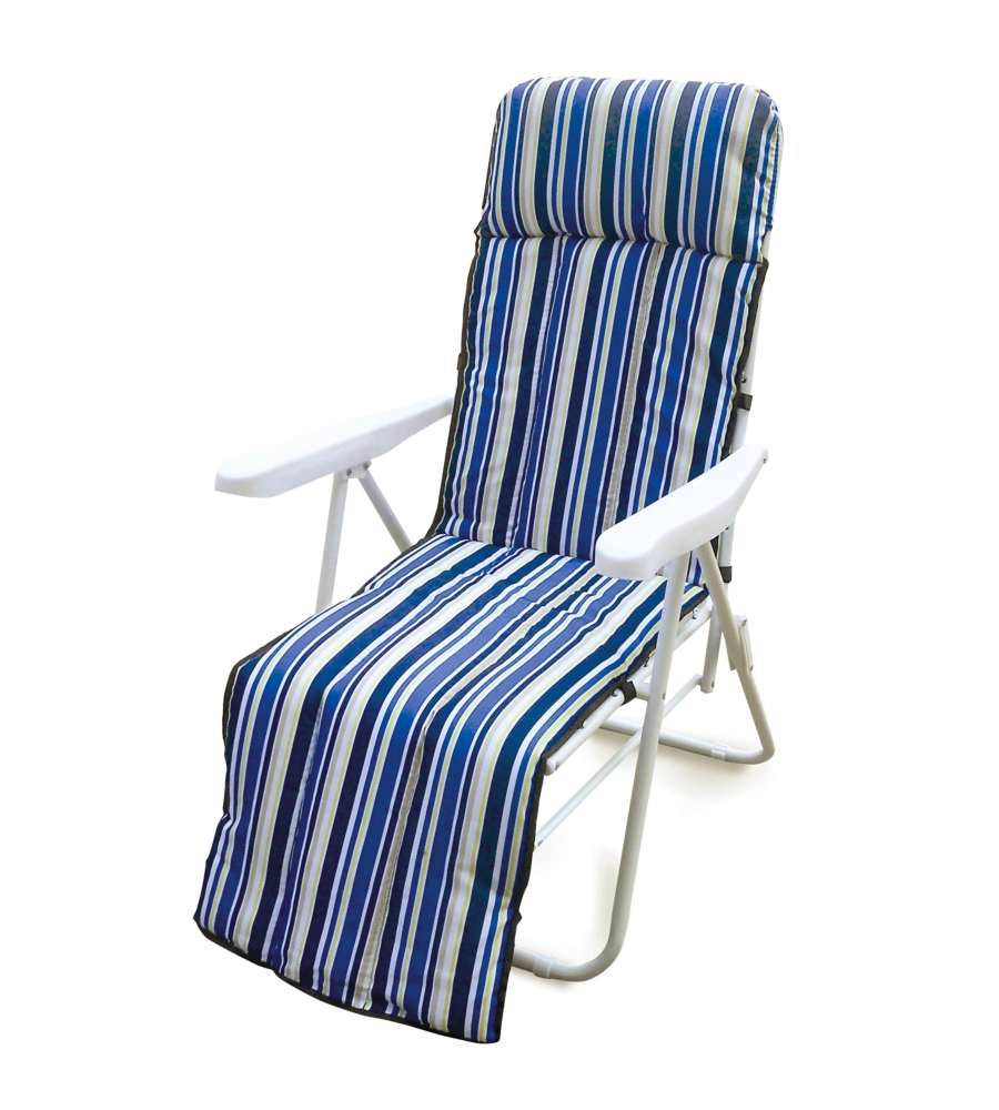 POLTRONA DA ESTERNO PIEGHEVOLE, MULTIPOSIZIONE E IMBOTTITA ESSENZA "ISCHIA" IN ACCIAIO A RIGHE BLU CON POGGIAPIEDI 77X58X106 CM