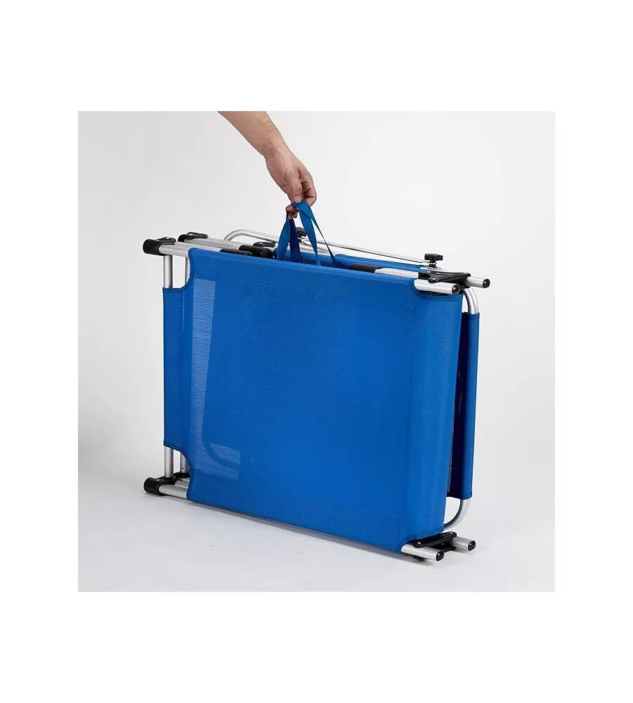 LETTINO PRENDISOLE PIEGHEVOLE, SCHIENALE E PARASOLE REGOLABILI E CUSCINO ESSENZA "MYKONOS" IN ALLUMINIO E TEXTILENE BLU 187X57X30 CM