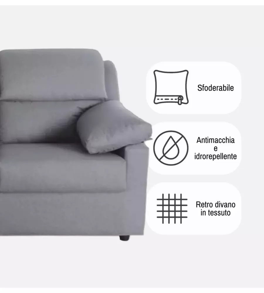 DIVANO 3 POSTI BELLAHOME "FIRENZE" GRIGIO TESSUTO SFODERABILE E ANTIMACCHIA, 190X95X93 CM