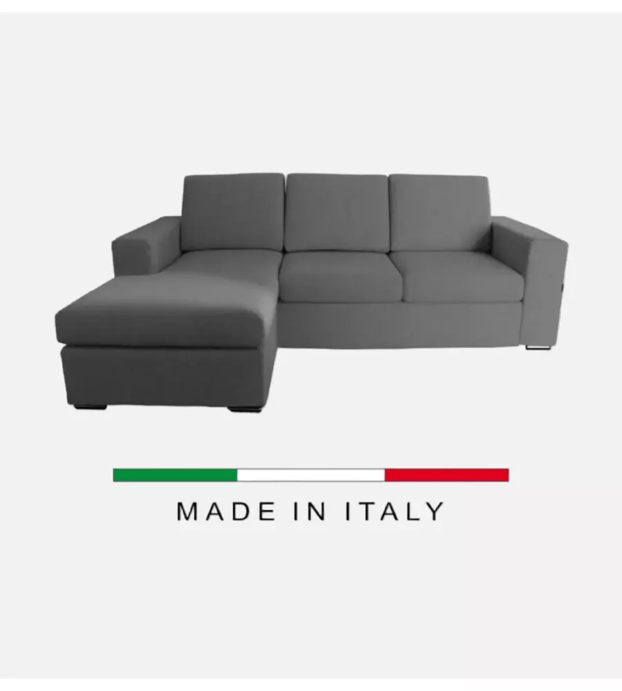 DIVANO CON PENISOLA REVERSIBILE BELLAHOME "BOLOGNA" GRIGIO TESSUTO SFODERABILE E ANTIMACCHIA, 235X165X88 CM