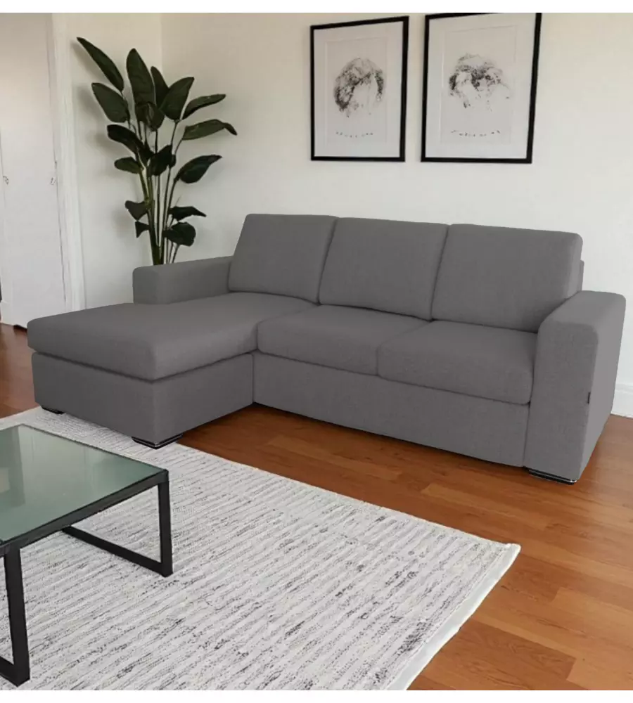 DIVANO CON PENISOLA REVERSIBILE BELLAHOME "BOLOGNA" GRIGIO TESSUTO SFODERABILE E ANTIMACCHIA, 235X165X88 CM