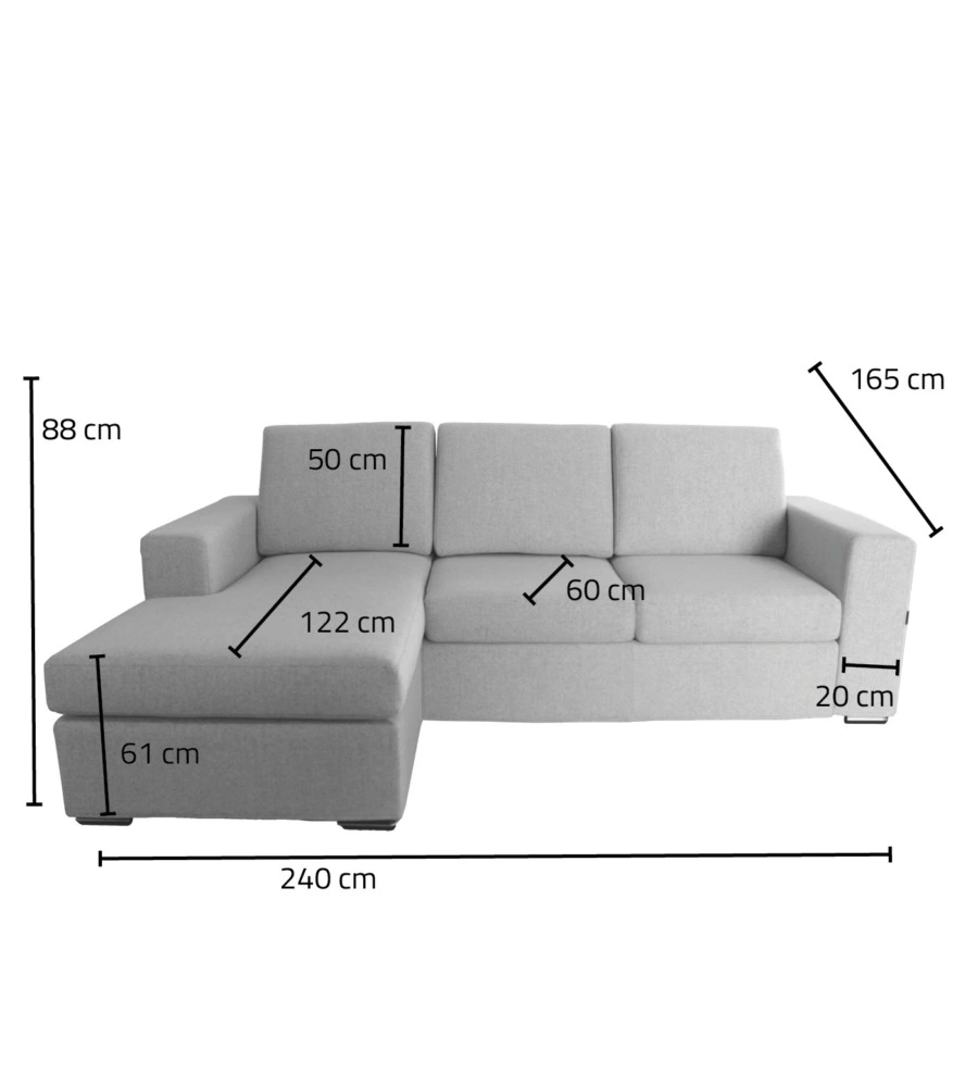DIVANO CON PENISOLA REVERSIBILE BELLAHOME "BOLOGNA" GRIGIO TESSUTO SFODERABILE E ANTIMACCHIA, 235X165X88 CM